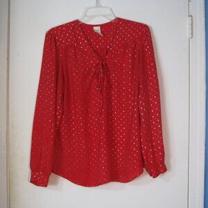 * 2/$15 Faded Glory Blouse Large 12 14 Red with Silvertone "Stars" Lace Up